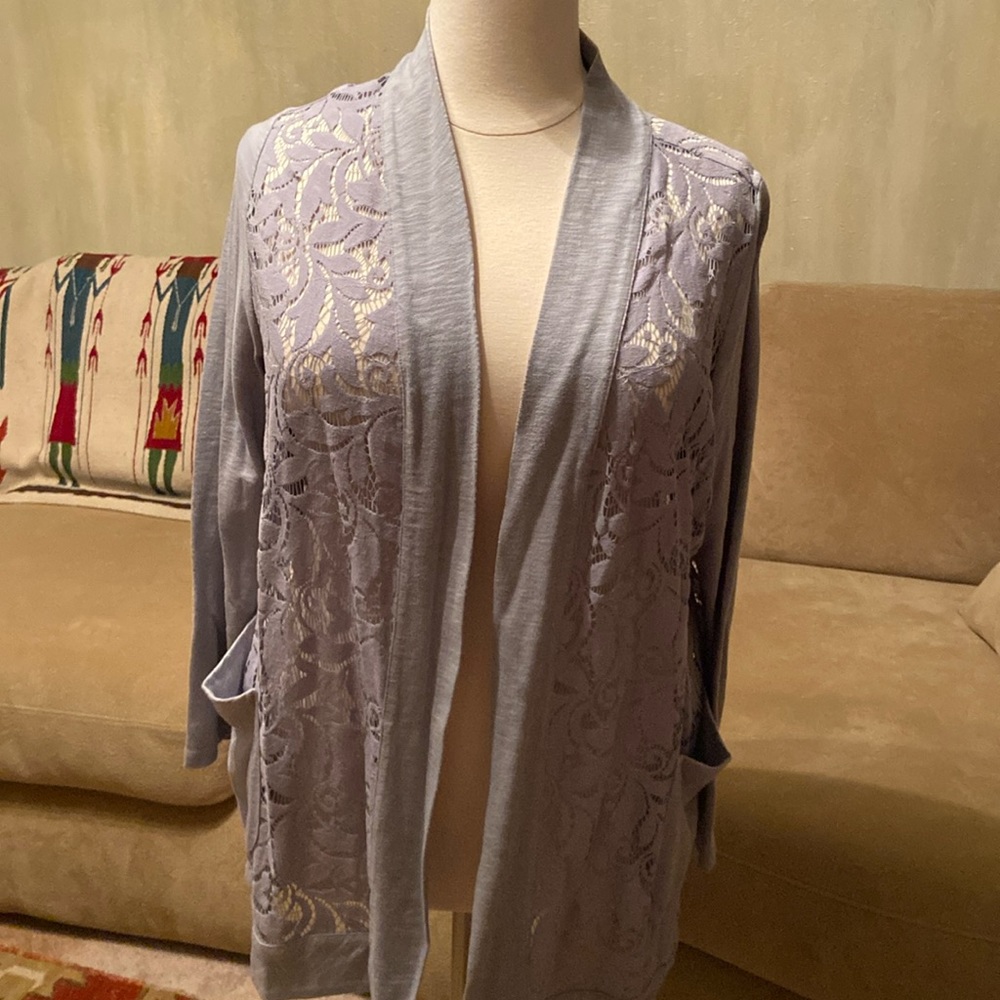 LOGO Lori Goldstein, 2X, Lace,open front cardigan with front pockets, Blue